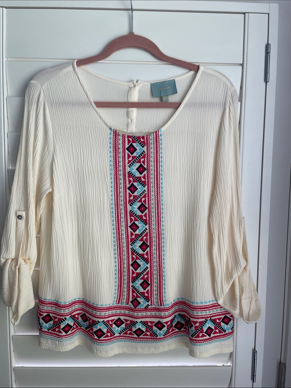 Skies Are Blue Cream Embroidered Boho Blouse with Pink and Blue Accents